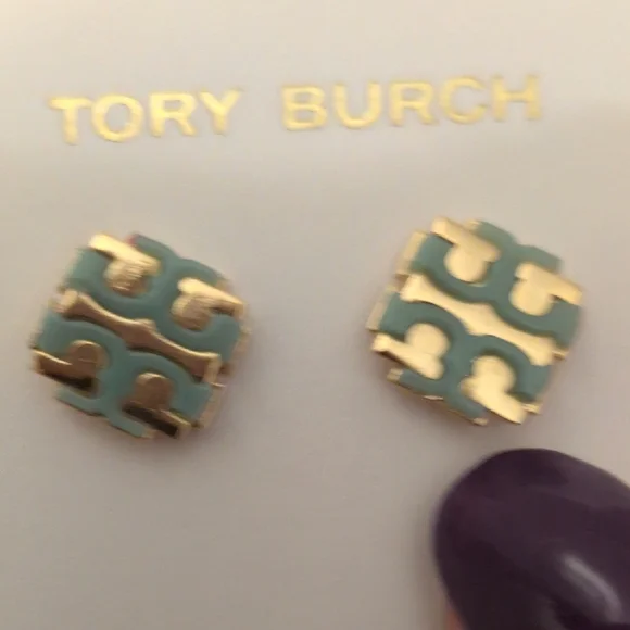 Tory Burch Gold and Mint Green Square Earrings
